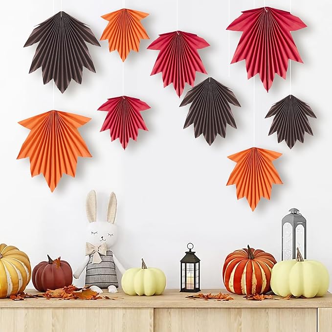 SUNBEAUTY Fall Party Decorations Maple Leaves Paper Fans Hanging Paper Fans Classroom Decoration for Autumn Thanksgiving Birthday Baby Shower Rustic Wedding, Set of 9
