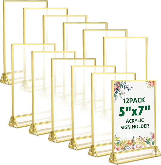 TonGass 12-Pack 5"x7" Gold Acrylic Picture Frames – 3mm Gold Border Wedding Table Number Holders, Clear Double-Sided Acrylic Sign Holders for Weddings, Banquets, Parties, Centerpieces