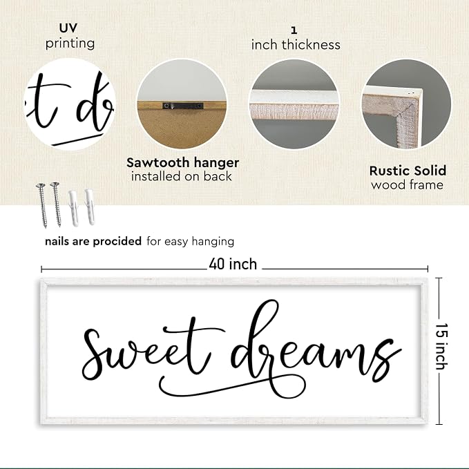 YWJKWLGS Sweet Dreams Wall Decor Signs Above Bed Bedroom Wall Art Over Bed | 40x15 Inch Farmhouse Handwritten Art Large Rustic White Wood Framed Master Guest Room Kids Room Wall Hanging