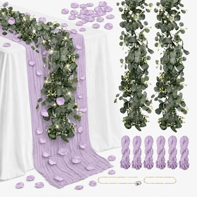 Cinrobiye 11PCS Boho Cheesecloth Table Runner Set with Rose Petals, 120 Inch Gauze Table Runner, Wrinkled Napkins, Eucalyptus Garland and String Lights for Wedding Baby Shower Tea Party Decorations