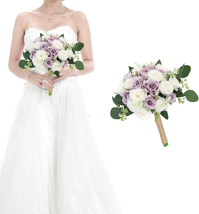 Bridesmaid Bouquets for Wedding 1 Pack - 9 Inch Artificial Ivory Flower Bouquet for Party Ceremony Anniversary Dinning Table Centerpieces Decor - Lilac and White
