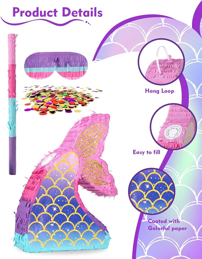 Mermaid Pinatas for Girl, Under the Sea Piñata de Sirena with Wood Stick & Blindfold, Ocean Theme Mermaid Fin and Tail Pinata for Birthday Party Decorations（16"*12"*3"）