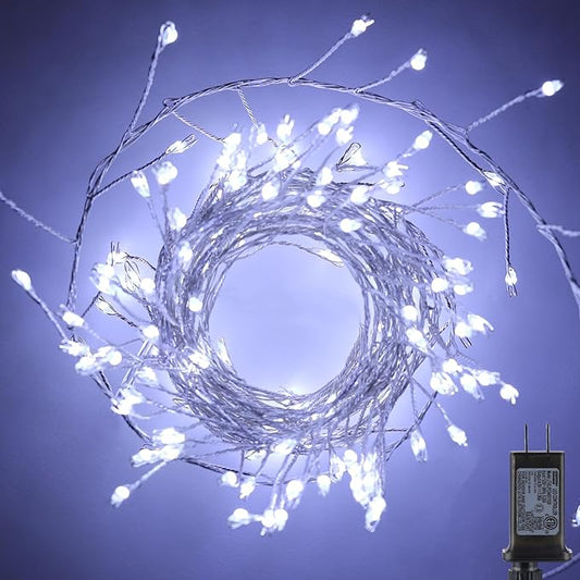 Minetom Fairy Lights Plug in, 10Feet 200LED Cluster String Lights, Silver Wire Waterproof Starry Firecracker Lights for Ceiling Bedroom Wreath Window Wedding Christmas Tree Decorations, Pure White