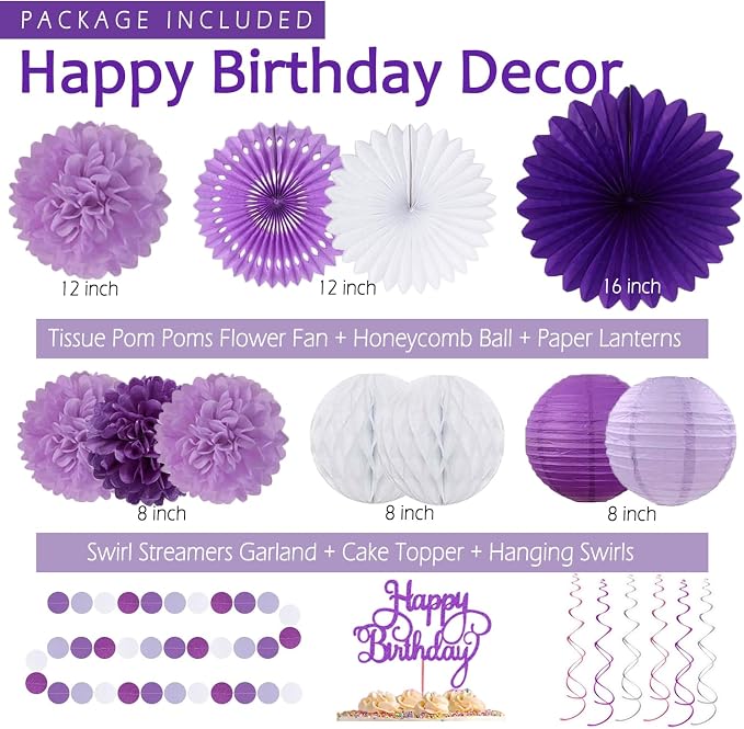 Purple Birthday Decorations for Women Girls,Happy Banner,Lilac Paper Lanterns Tissue Pom Poms Flower Fan,Purple White Balloon Décor For 40th 50th Anniversary Princess Backdrop Party Supplies