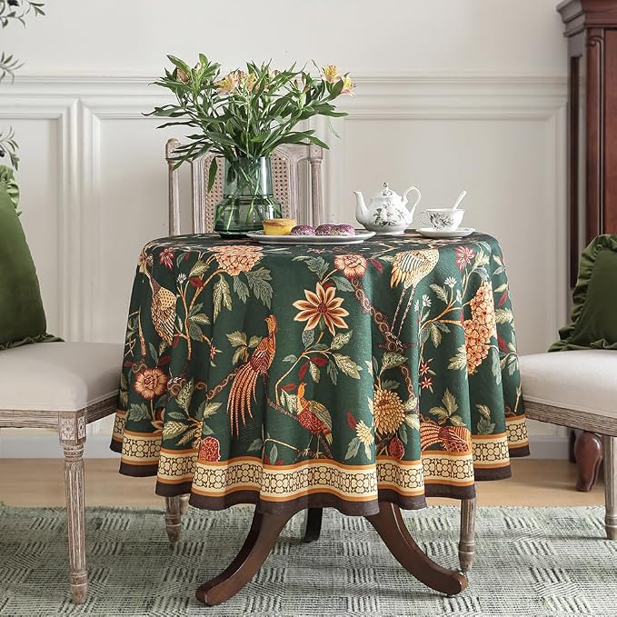 ISAENNE Designer Linen Green Round Tablecloth,Diameter 67"-Mitchell | Vintage Elegant Table Cloth for Round Table,Floral and Bird Pattern,Heavyweight,Dining Room,Kitchen,Thanksgiving,Decor