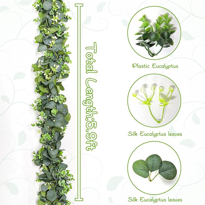 2pcs Artificial Eucalyptus Garland, 5.9FT Greenery Garland Vines Decoration, Faux Silver Dollar Eucalyptus Leaves for Table Home Wedding Mantle Party Indoor Decor