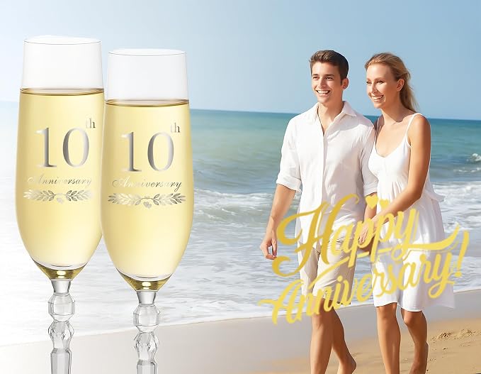 10th Anniversary Decorations Gifts for Couple, Classical Style 10th Wedding Anniversary Champagne Flutes Glasses, Crystal Champagne Glasses Set of 2, Gifts for husband, wife, Couple
