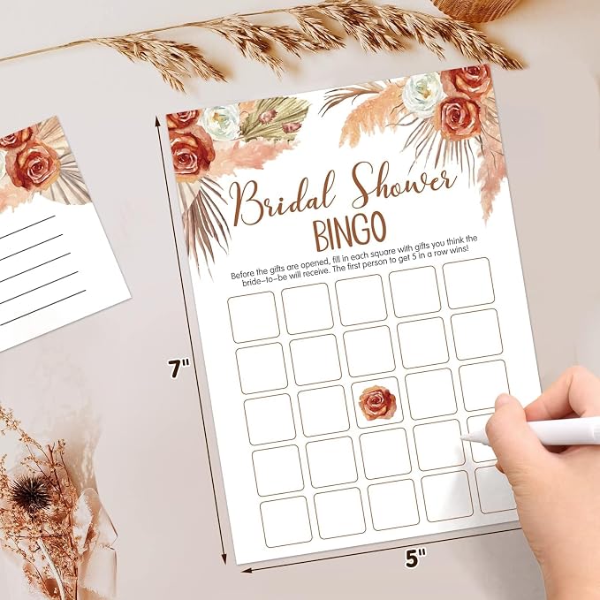 Levfla 300 Pcs Boho Bridal Shower Games Cards - Set of 6 (50 Guests) with Tropical Bohemian Bride to Be Sash 4 PCS Marker Pens Suitable for Pampas Grass Bridal Shower, Terracotta Bachelorette Party