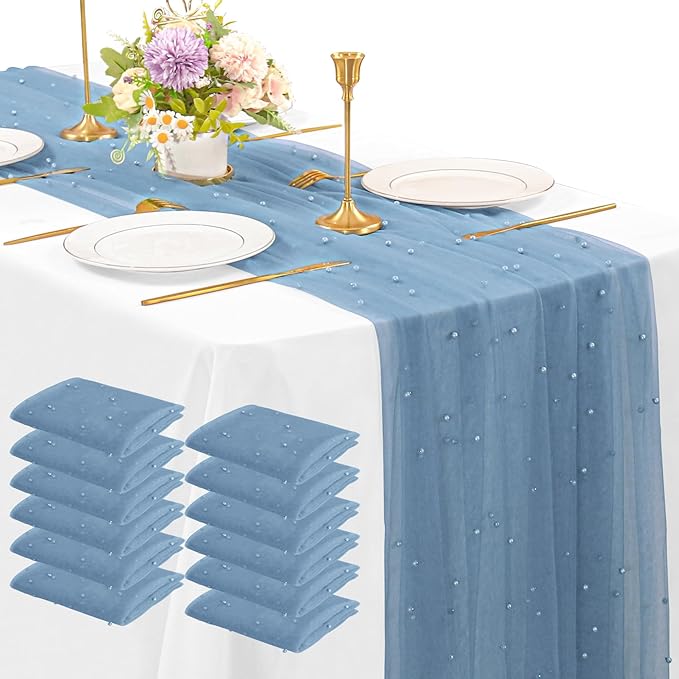 12 Pack 10FT Pearl Table Runner 30x120 Inch Dusty Blue Tulle Fabric Boho Rustic Sheer Table Runners Lace Table Cloth for Wedding Bridal Shower Birthday Party Arch Veil Dessert Table Decor (Dusty Blue)