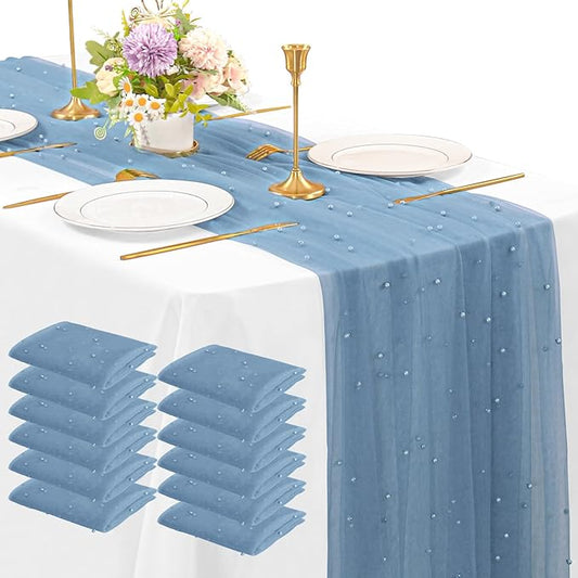 12 Pack 10FT Pearl Table Runner 30x120 Inch Dusty Blue Tulle Fabric Boho Rustic Sheer Table Runners Lace Table Cloth for Wedding Bridal Shower Birthday Party Arch Veil Dessert Table Decor (Dusty Blue)
