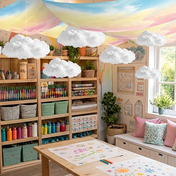 9 Pcs Pastel Sky White Cloud Ceiling Decor Include 12 x 2 ft Fluorescent Light Covers 6 Packs Imitation Artificial 3D Cloud Props DIY Hanging Ornament for Classroom Daycare Nursery Party Decorations