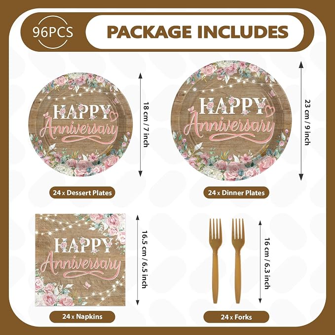 96Pcs Happy Anniversary Party Decorations Rustic Pink Floral Happy Anniversary Plates and Napkins Wooden Cheers to Marriage Decoration for 40th 50th Wedding Commemoration Day Party Supplies Serves 24
