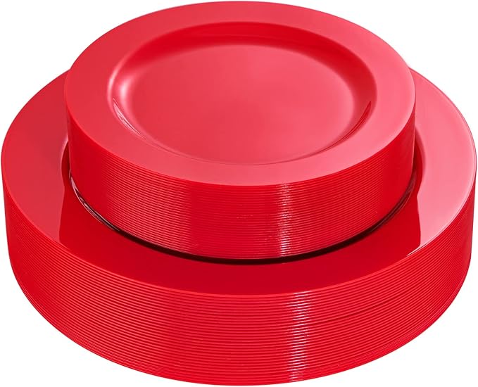 FLOWERCAT 60PCS Red Plastic Plates - Heavy Duty Red Plates Disposable for Party - Include 30PCS 10.25inch and 30PCS 7.5inch for 30 guests Birthday Party & Events &4th of July