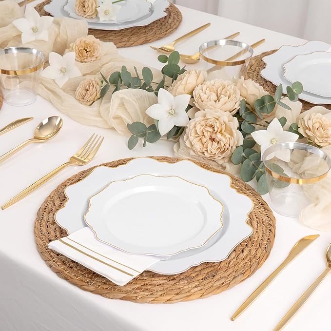 WDF 350PCS White and Gold Plastic Plates - Gold Plates Disposable 50Guest Plastic Dinnerware Ideal for Party/Wedding/Birthday