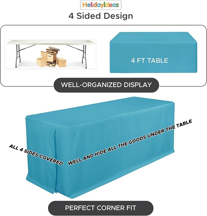 HolidayIdeas 4-Pack 4ft Teal Rectangle Craft Shows Fitted Tablecloth | Wrinkle resistant table covers; bulk quantity pack for professional trade exhibition displays or vendor booths