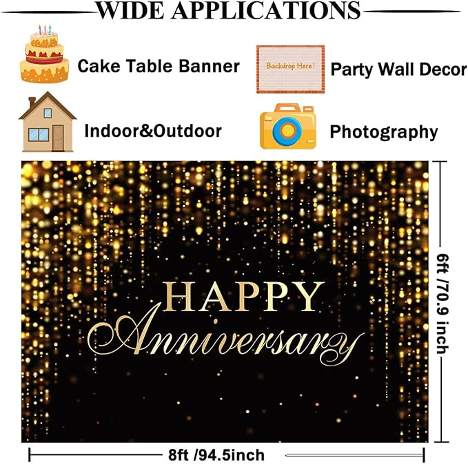 Happy Anniversary Backdrop Black Gold Anniversary Banner Cheers to Marriage Love Wedding Party Decorations Glitter Flowing Drapes Photography Background Photo Booth Props 8x6ft