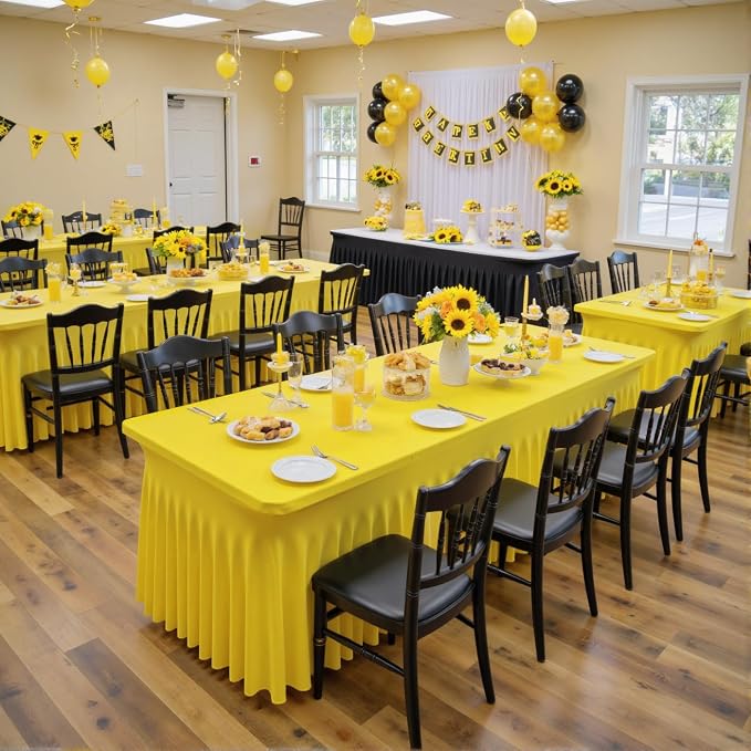 4 Pack Yellow Spandex Tablecloths for 6 Foot Rectangle Tables, Wrinkle Free Lemon Fitted Tablecover 6ft Stretchy Table Clothes Desk Skirt for Weddings Birthday Party Banquet Baby Shower