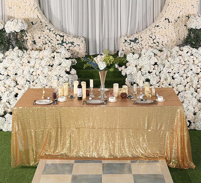 Juya Delight 90" x 156" Light Gold Sequin Rectangular‌ Tablecloth for Wedding Birthday Party Festival Ceremony Cake Dessert Table