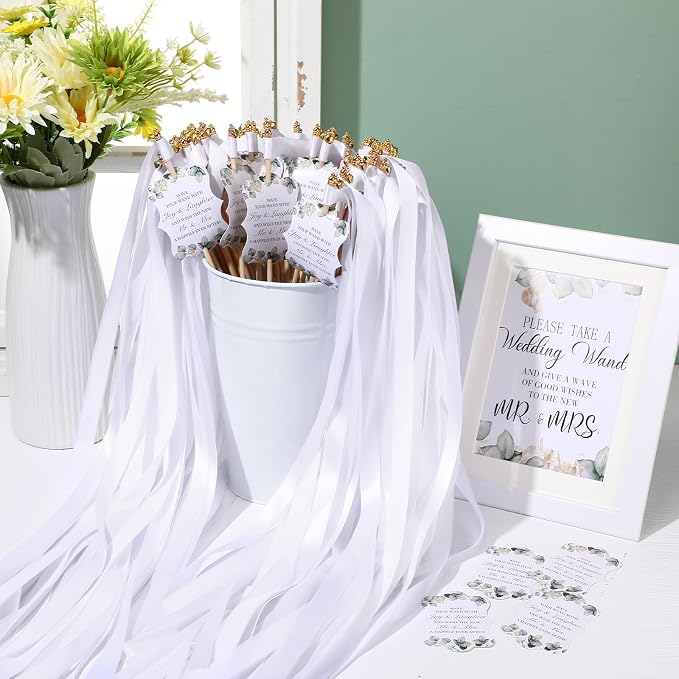 Baderke 103 Pcs Ribbon Wedding Wands with Tags and Holder Includes 1 Galvanized Metal Bucket 50 Silk Wand 50 Wedding Favor Tags 1 Wand Card 1 Photo Frame for Wedding Anniversary Bridal Decors