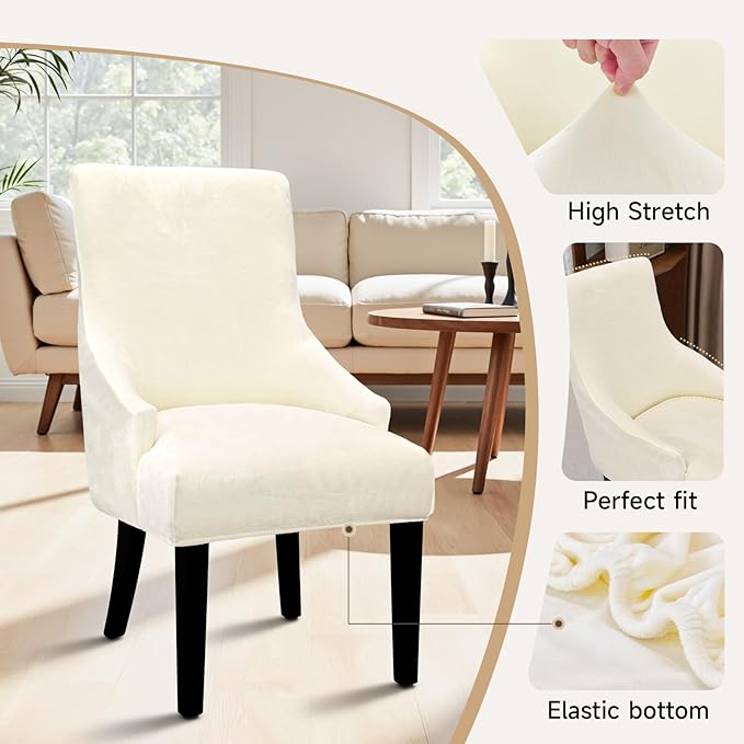 Velvet Wingback Dining Chair Cover Soft Stretch Accent Chair Cover Slipcover Thick Plush Wing Back Chairs Covers Furniture Protect Washable Chairs Protector Covers for Dining Room (Beige, 4)