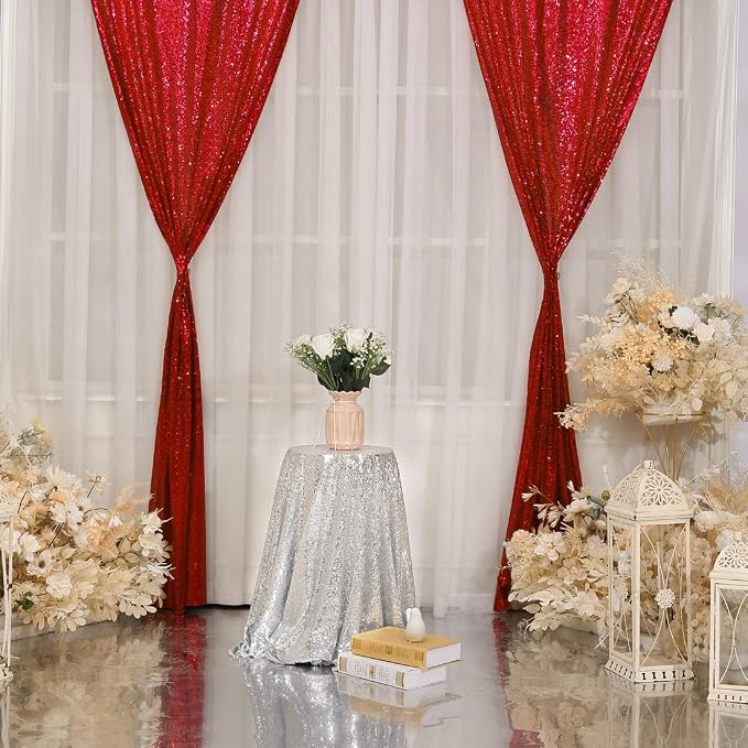 Poise3EHome Red Sequin Backdrop Curtain, 2 Panels 2Ft x 8Ft Glitter Photography Back Drop for Wedding Birthday Christmas Valentines Day Carnival Party Decorations
