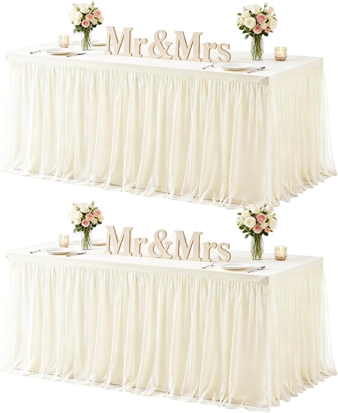 HB HBB MAGIC Ivory Table Cloth Spandex Table Covers 8ft Fitted Tulle Tablecloth Rectangular Desk Skirt Stretch Cream Table Cloths Covers Party Banquet Birthday Baby Shower Wedding Table Cloth, 2 Pack