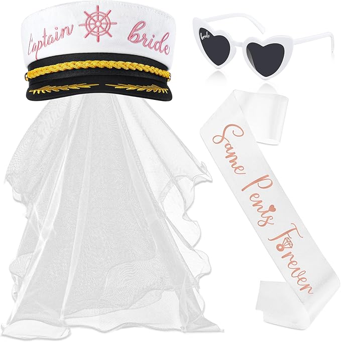 JaGely Bride Captain Hat with Veil, Bachelorette Sash & Sunglasses for Bridal Shower Bachelorette Party Decor Accessories(Funny Style)