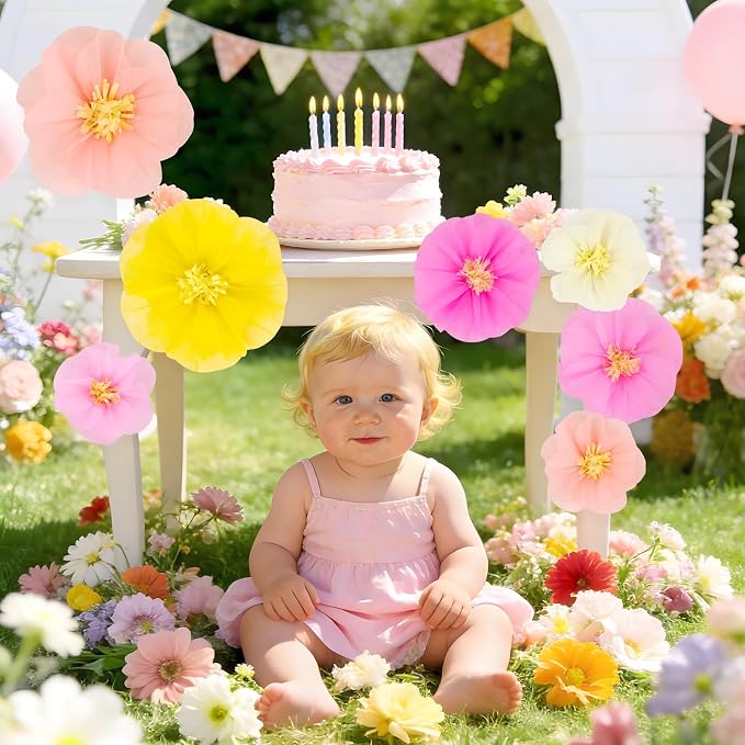 Large Paper Flower Decorations with 3D Butterfly Stickers Pink Yellow Giant Tissue Paper Flowers Pastel Flowers Butterfly Party Decoration for Spring Garden Girls Women Birthday Wedding Party