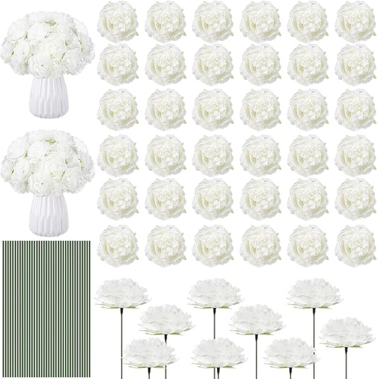 Thiccywoov 200 Pcs Flowers Long Stem Artificial Rose Bulk, 3.2 Inches Silk Rose Head Flowers Faux for Wedding Bridal Bouquet Independence Day Home Floral DIY Centerpieces Party Decoration(White)