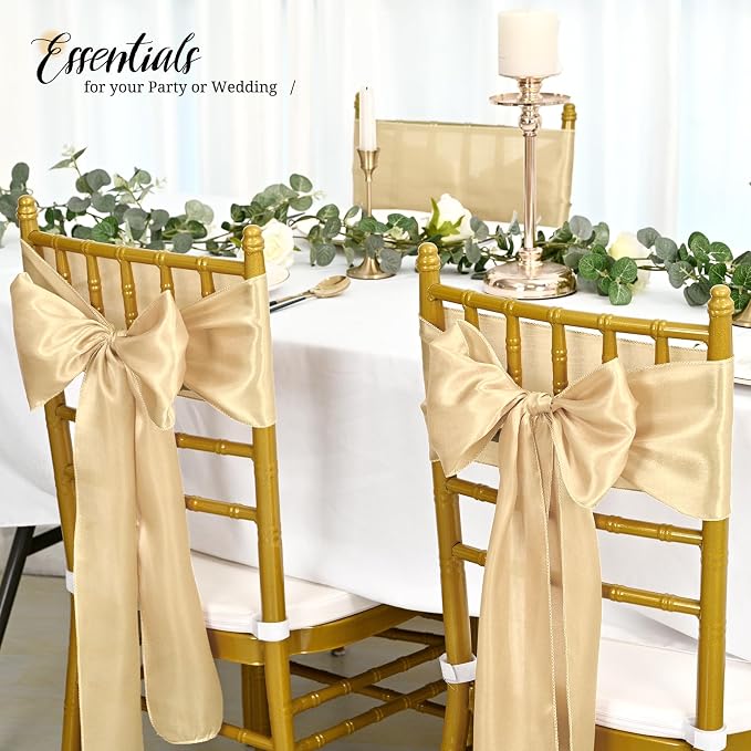 Pesonlook 60 PCS Champagne Satin Chair Sashes Bows Satin Sashes Universal Chair Cover for Wedding Reception Restaurant Event Decoration Banquet,Party,Hotel Event Decorations (7 x 108 inch)