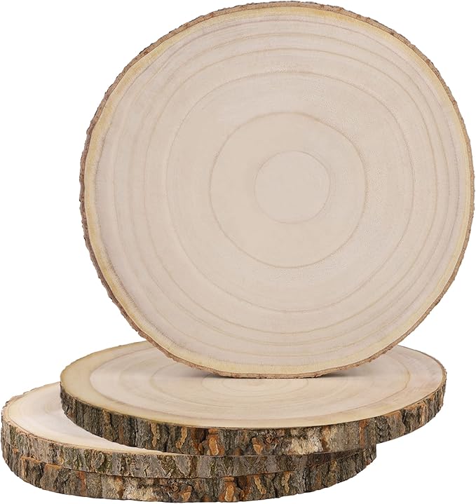Prsildan 4 Pcs Large Natural Wood Slices, 10-11.5 Inches Unfinished Wood Centerpieces for Tables, DIY Round Wooden Circle Sign Crafts for Wedding Party Décor