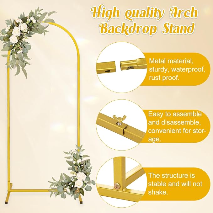 Metal Arch Stand and Cover Set,1 Beige Spandex Fitted Backdrop with 1 Gold Wedding Arched Stand Frame for Parties Birthday Baby Shower Bridal Banquet Decoration (7.2FT)