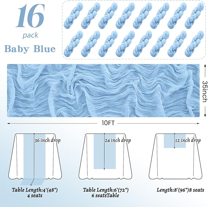 16Pack Baby Blue Table Runner 10FT Light Blue Cheesecloth Table Runner 35x120Inch Long Boho Gauze Cheese Cloth Table Runners Rustic Sheer Table Runners for Wedding Baby Shower Bridal Shower Decor