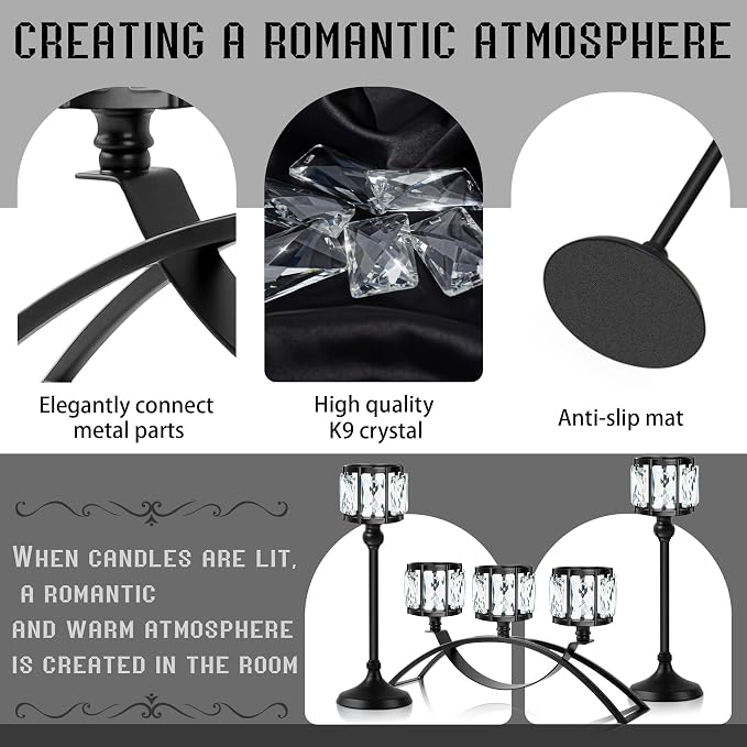 Black Set of 3 Crystal Candle Holders Arched - Elegant Tabletop Candelabra Centerpiece for Weddings, Dining Room Decor, Modern Home & Cabinet Display Housewarming