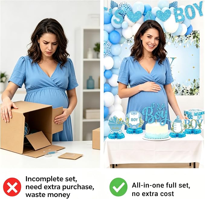 Baby Boy Shower Decorations, 107Pcs All-in-One Blue Themed Set for Baby Party, Pregnancy Gender Announcement, Easy to Assemble, It's a Boy Baby Shower Decorations