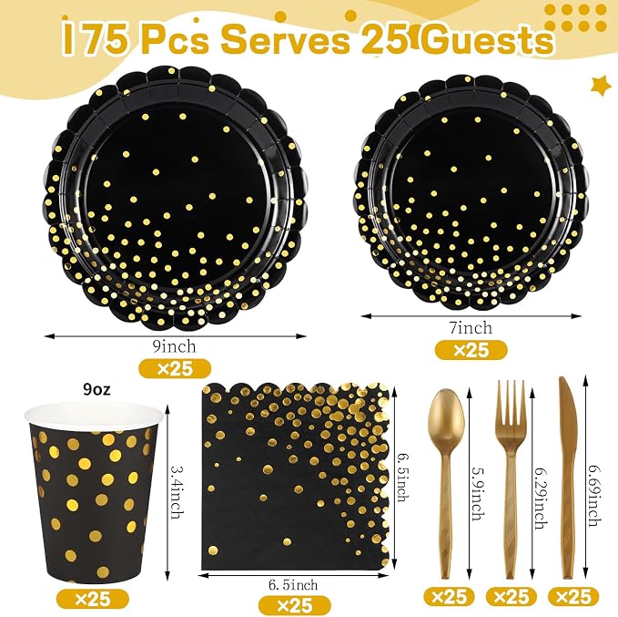 175 Pcs Black and Gold Plates and Napkins, Disposable Black Gold Dinnerware Include Scalloped Party Plates Napkin Cups Plastic Cutlery for Men Birthday Graduation Retirement Congratulations