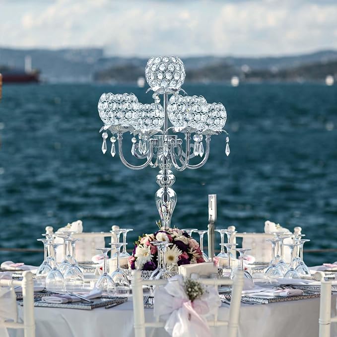 Silver 5 Arms 22.5 Inch Crystal Exquisite Candle Holder with Pendant, Elegant Table Decoration Home Decor for Restaurant Party Birthday Wedding Date