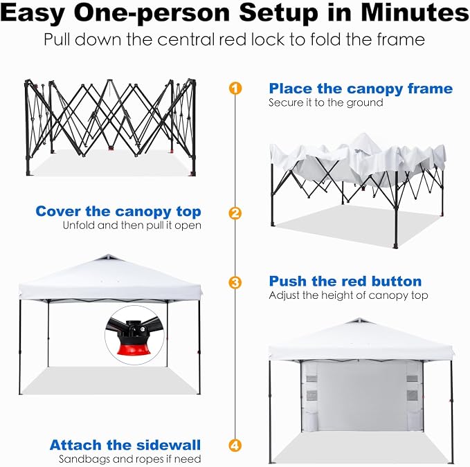 GAFETE 10×10 Pop Up Canopy Tent with 1 Pockets Sidewall, Easy up Sun Shade with One Push Setup, Portable Instant Outdoor Canopy Tent for Events Parties Camping with Carrying Bag (White, 10x10 FT)