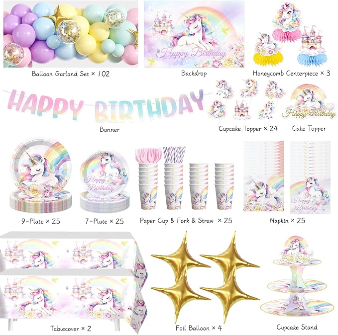 289 Pcs Unicorn Birthday Decorations, Worry-Free One-Stop Set Serves 25 Guests, with Laser Banner, Backdrop, Thick Plates and Cake Stand, Easy Setup for Unicorn Party Decorations