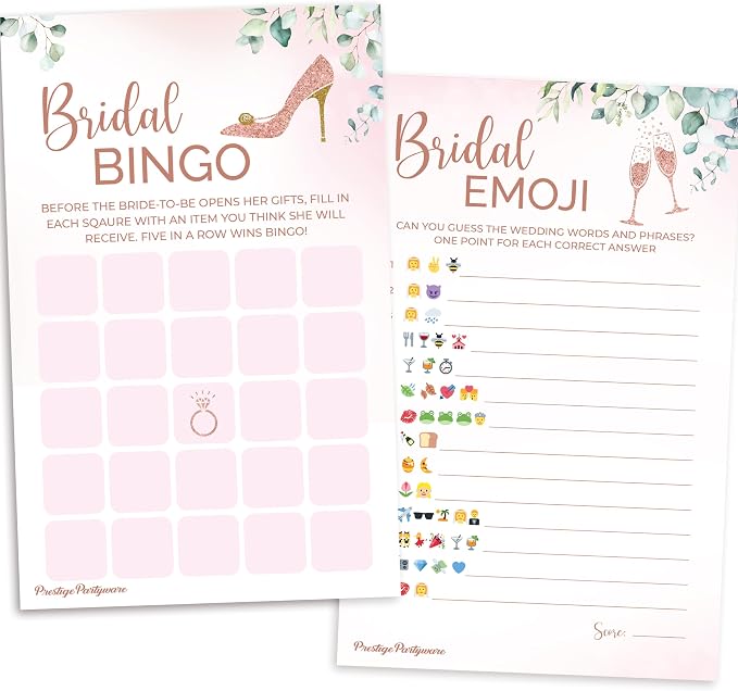 Bridal Shower Games (50 Guests / 2 Games) - Bridal Bingo & Emoji Game Set for Wedding Showers