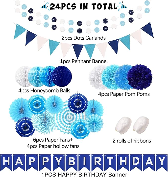 24Pcs Blue Birthday Party Decorations for Boys Men Navy Royal Light Blue Honeycomb Ball, Hanging Paper Fans, Pom Poms, Baby Shower Decorations Boy, Party Supplies 16th 18th 21th 30th 40th 50th