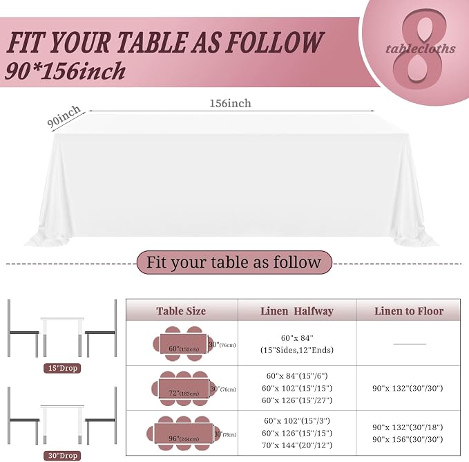 Pesonlook 8 Packs 90 x 156 Inch Tablecloth, White Polyester Table Cloth for 8ft Rectangle Tables, Stain and Wrinkle Resistant Washable Fabric Table Cover for Wedding Banquets Parties Buffet Dining