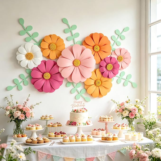 SUNBEAUTY Daisy Paper Flowers Party Decorations, Party Flower Decorations, Orange Yellow Flowers Wall Hanging, 1st Birthday Bridal Baby Shower Wedding Classroom Tea Party Daisy Décor
