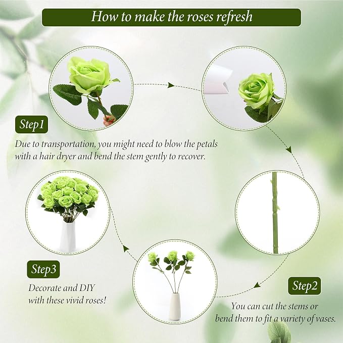 Hotop 20 Pcs Artificial Rose Flowers with Long Stem, Real Lifelike Silk Realistic Plastic Bouquet Roses Bulk for Home Decor Bridal Wedding Party Table Centerpieces Decorations(Green)