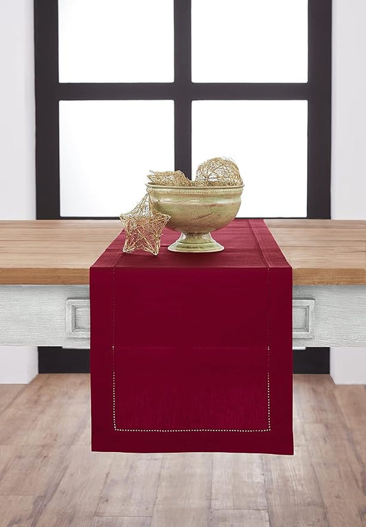 Solino Home Cotton Linen Red Table Runner 120 Inches Long - Hemstitch 14 x 120 Inch Table Runner for Mothers Day, Memorial Day