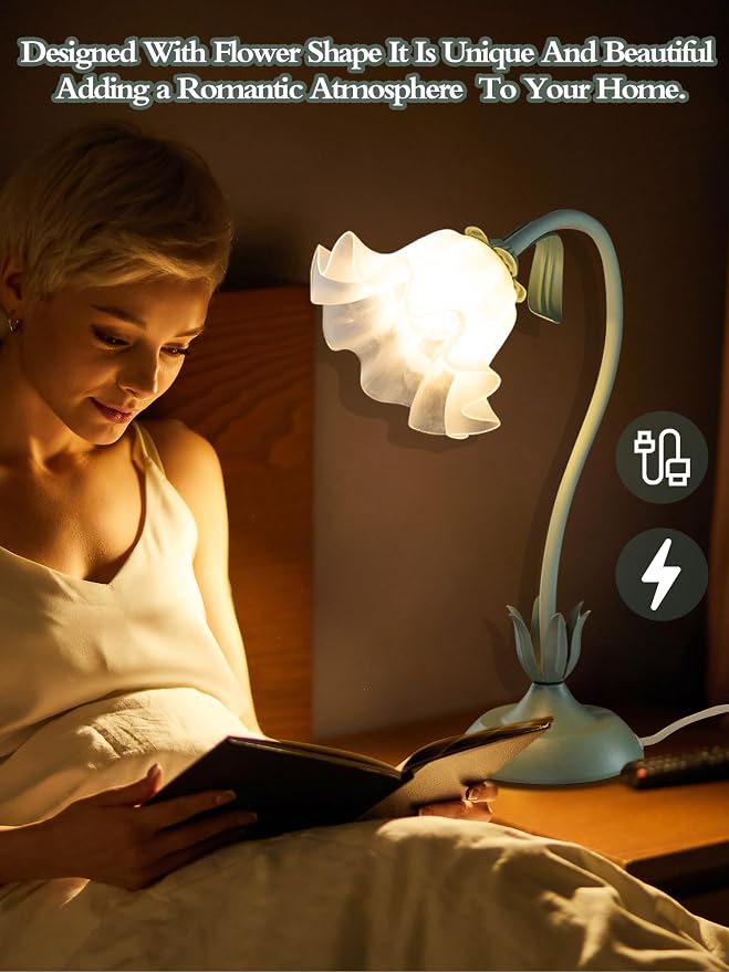 AQDZCNF Flower Table Lamp,LED Reading Light Bedside Vintage Flower Night Light,3 Colors Modes Kawaii Bedside Lamps Decor,Living Room Bedroom Room Lighting Table Lamps Home Decoration (Green)