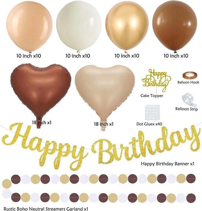 Boho Brown White Birthday Decorations - 62pcs Happy Birthday Banner, Neutral Rustic Paper Lanterns Honeycomb, Hanging Streamers, Tissue Pom Poms Flower Fan, Birthday Decorations for Women Girl Boys