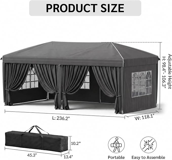 10x20 FT Portable Pop Up Canopy Tent, Adjustable Height Instant Gazebo with Sidewalls, Sandbags,Outdoor Canopy for Camping, Parties, Vendor Events (Grey with Reflective Strip, 3m × 6m with sidewalls)