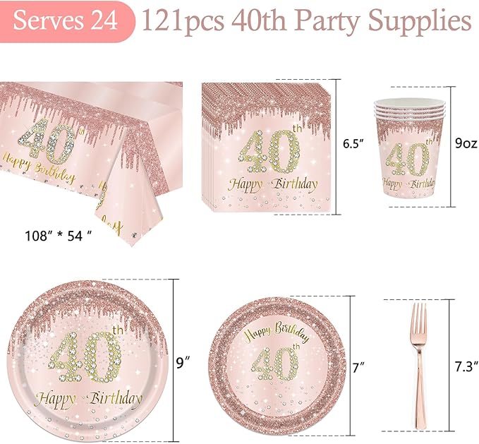 121Pcs 40th Birthday Party Supplies Plates Napkins Cups Forks Tablecloth Rose Gold Happy 40th Birthday Themed Disposable Tableware Decorations Serves 24 Guests for Women 40 Years (40th rose gold)