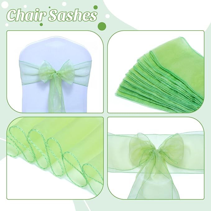 MDS Pack of 250 PCS Organza Chair Sashes Wider Dining Chair Bows Ribbon Tie Back for Wedding Party Birthday Bridal Shower Reception Event Banquet Home Chair Cover Decoration - Apple Green